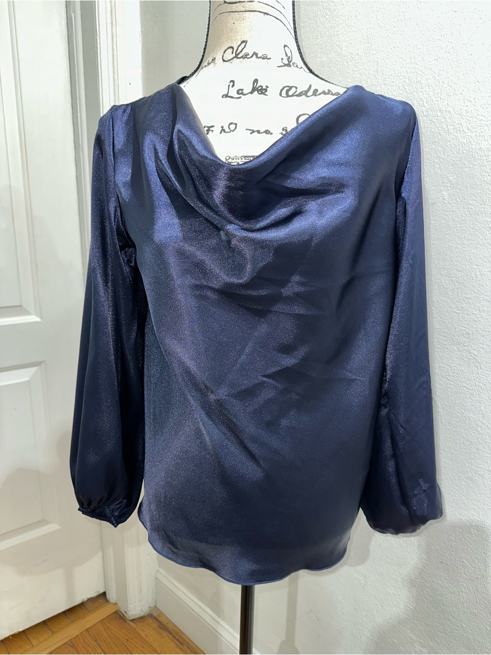 Express Shimmery Navy Satin Cowl Neck Blouse